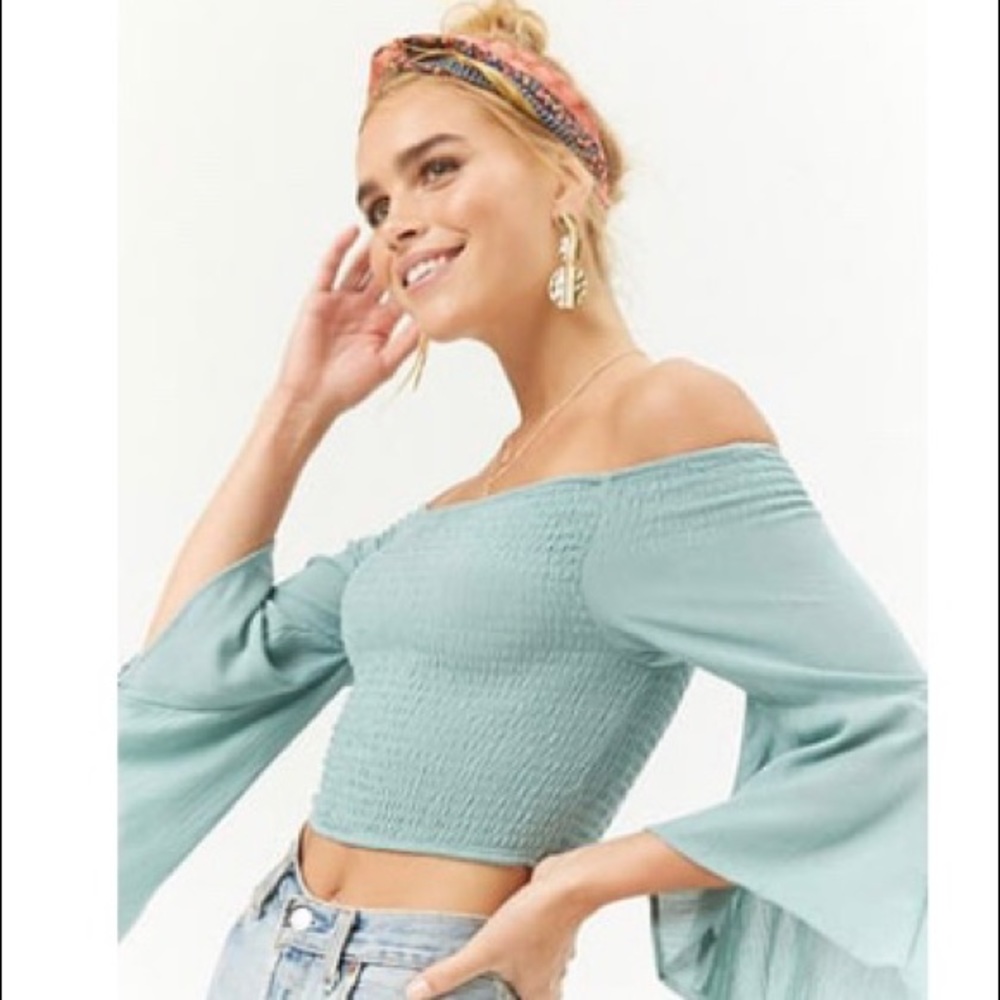 Forever 21 love tree smocked bell sleeve crop top